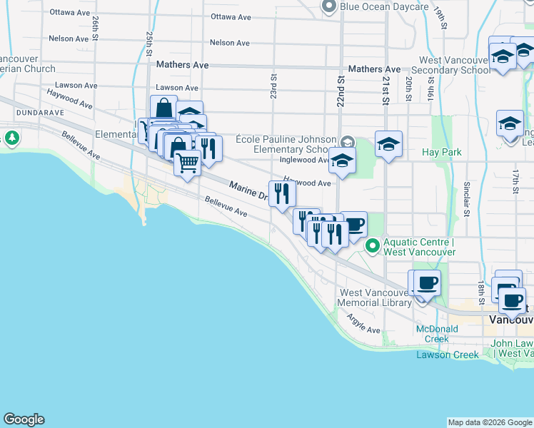 map of restaurants, bars, coffee shops, grocery stores, and more near 2303 Bellevue Avenue in West Vancouver