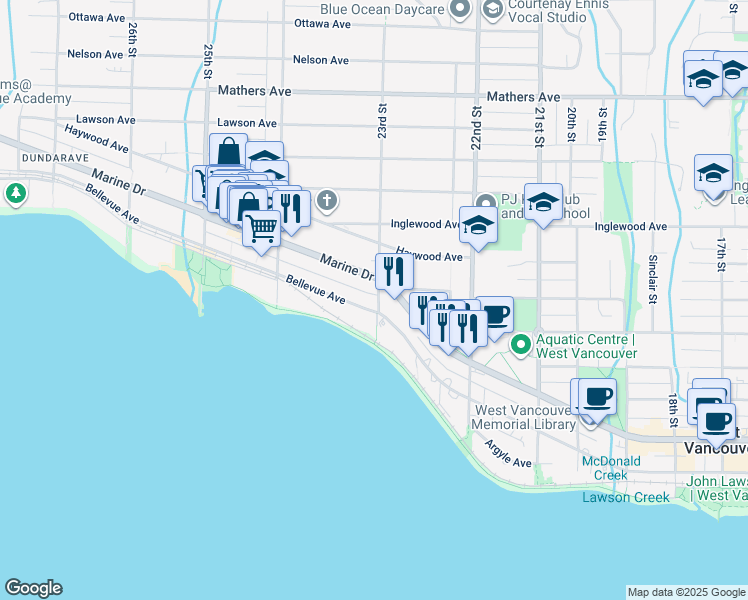 map of restaurants, bars, coffee shops, grocery stores, and more near 2303 Bellevue Avenue in West Vancouver