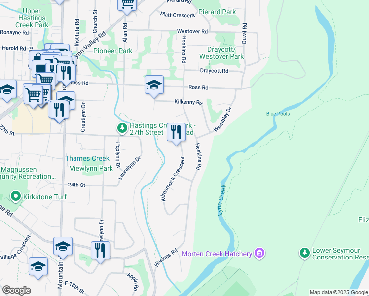 map of restaurants, bars, coffee shops, grocery stores, and more near 2644 Kilmarnock Crescent in North Vancouver