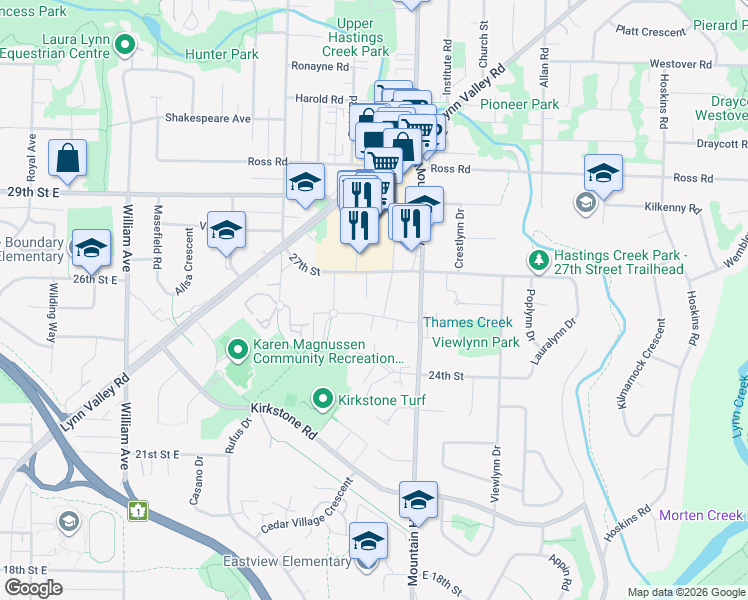 map of restaurants, bars, coffee shops, grocery stores, and more near 2651 Library Lane in North Vancouver
