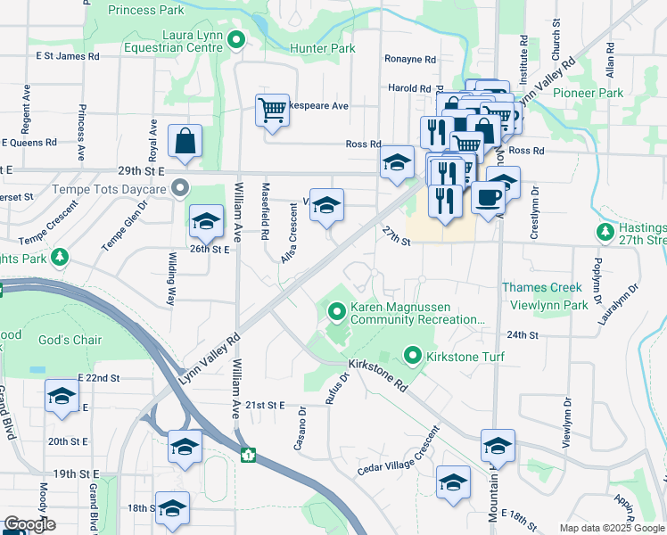 map of restaurants, bars, coffee shops, grocery stores, and more near 995 Lynn Valley Road in North Vancouver