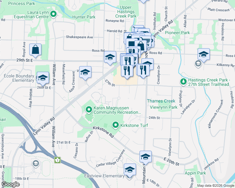 map of restaurants, bars, coffee shops, grocery stores, and more near 2601 Whiteley Court in North Vancouver