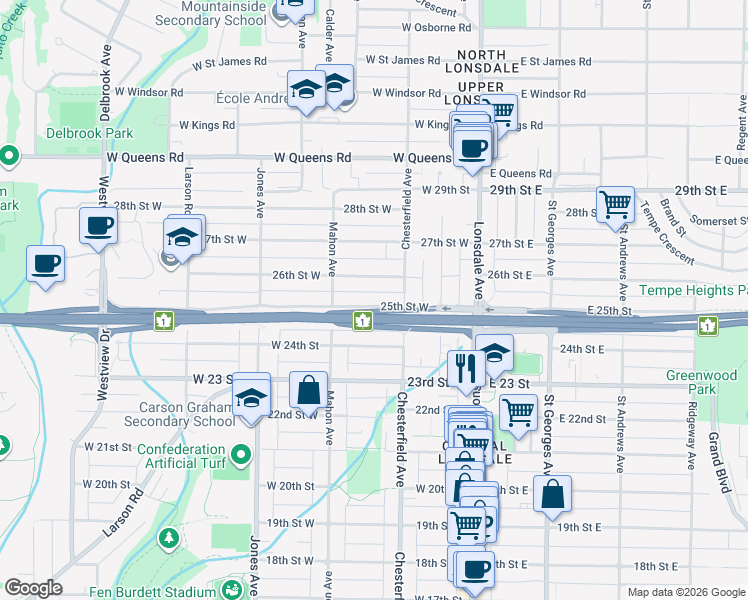 map of restaurants, bars, coffee shops, grocery stores, and more near 230 25th Street West in North Vancouver