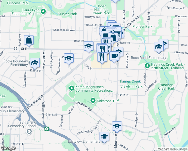 map of restaurants, bars, coffee shops, grocery stores, and more near 2601 Whiteley Court in North Vancouver