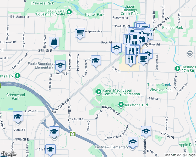 map of restaurants, bars, coffee shops, grocery stores, and more near 993 Lynn Valley Road in North Vancouver