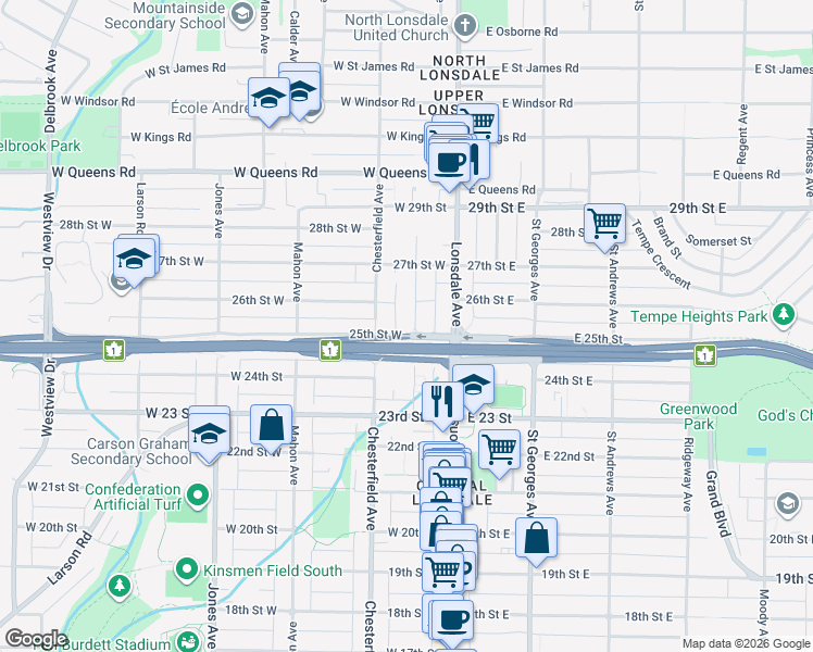 map of restaurants, bars, coffee shops, grocery stores, and more near 2525 Western Avenue in North Vancouver