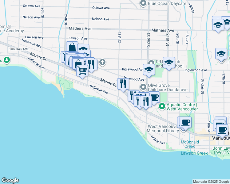 map of restaurants, bars, coffee shops, grocery stores, and more near in West Vancouver