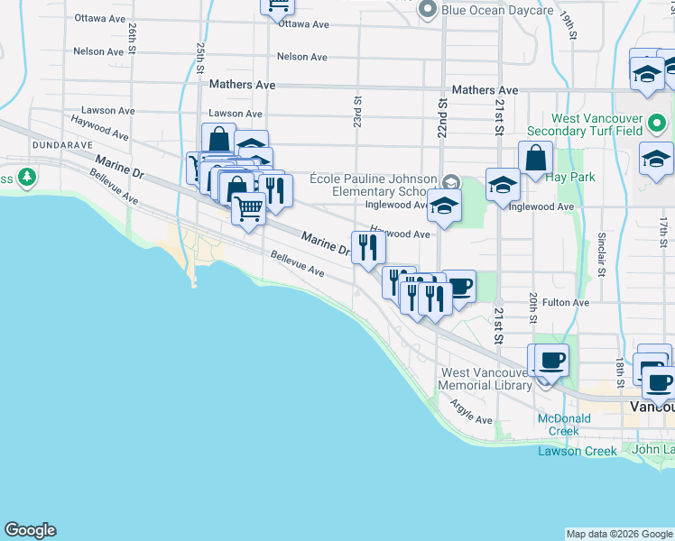 map of restaurants, bars, coffee shops, grocery stores, and more near 2317 Bellevue Avenue in West Vancouver