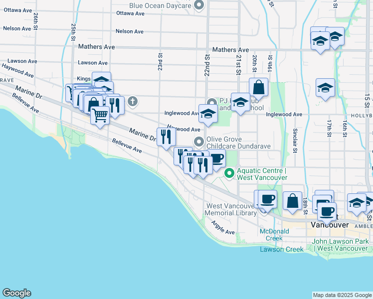 map of restaurants, bars, coffee shops, grocery stores, and more near 2240 Gordon Avenue in West Vancouver