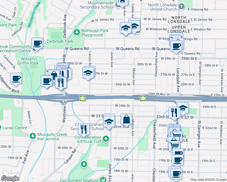 map of restaurants, bars, coffee shops, grocery stores, and more near 366 25th Street West in North Vancouver