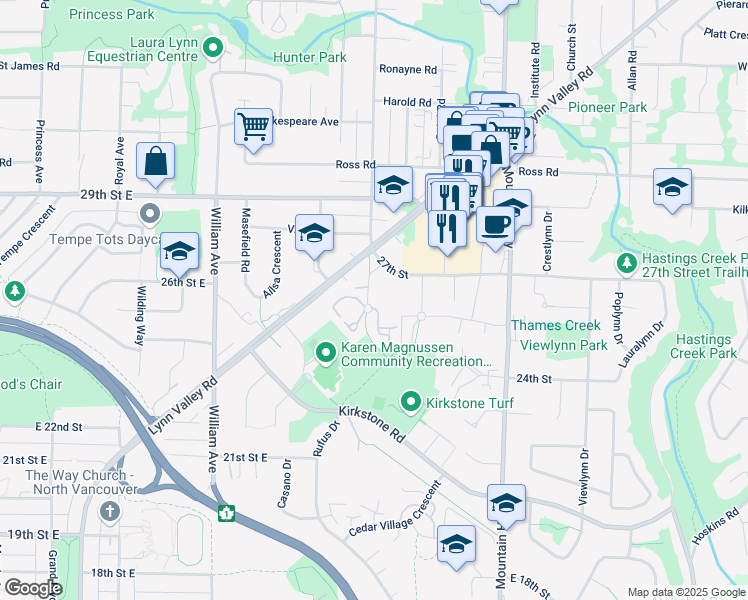 map of restaurants, bars, coffee shops, grocery stores, and more near 209 - 2620 Fromme Road in North Vancouver