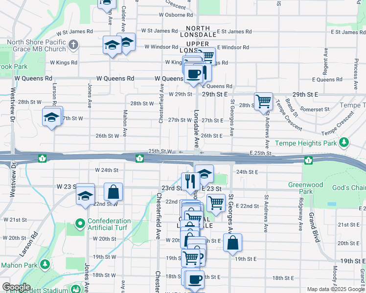 map of restaurants, bars, coffee shops, grocery stores, and more near 2526 Western Avenue in North Vancouver