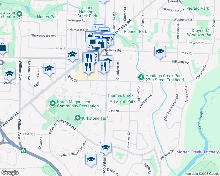 map of restaurants, bars, coffee shops, grocery stores, and more near 2688 Mountain Highway in North Vancouver