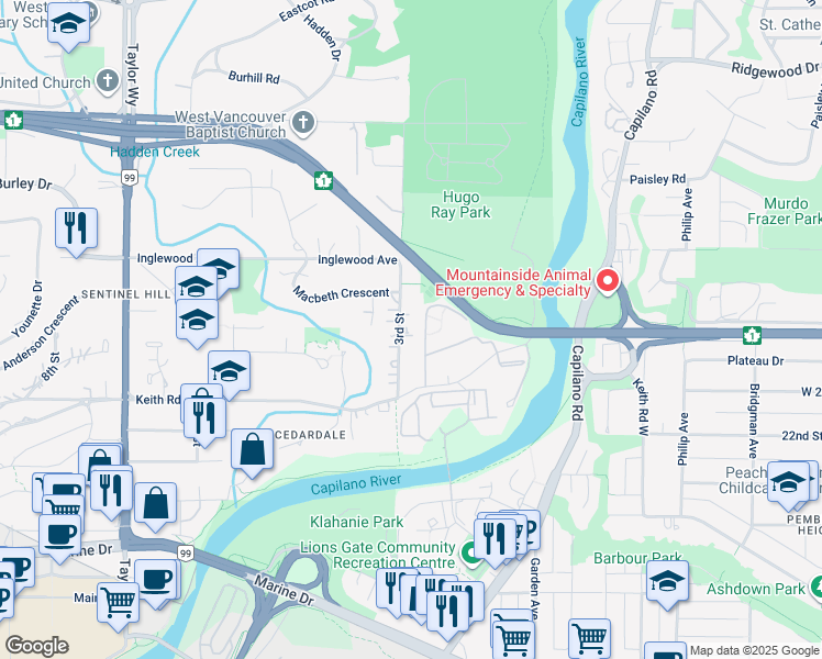 map of restaurants, bars, coffee shops, grocery stores, and more near 920 3rd Street in West Vancouver