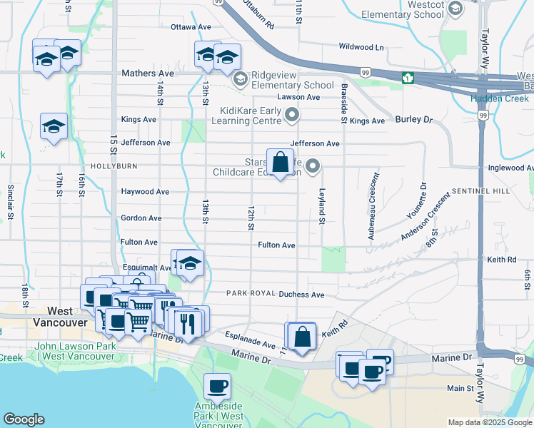 map of restaurants, bars, coffee shops, grocery stores, and more near 1175 Gordon Avenue in West Vancouver