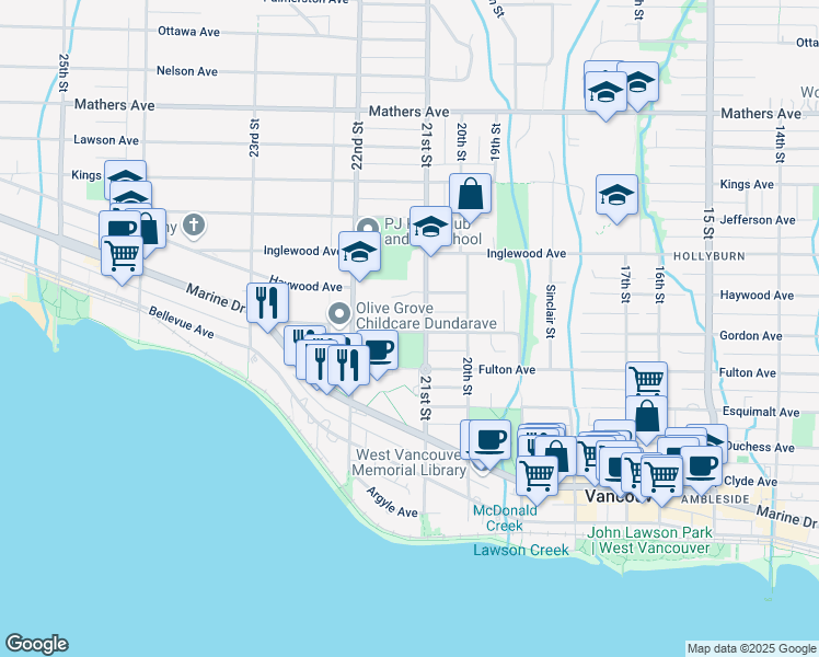 map of restaurants, bars, coffee shops, grocery stores, and more near 2129 Gordon Avenue in West Vancouver