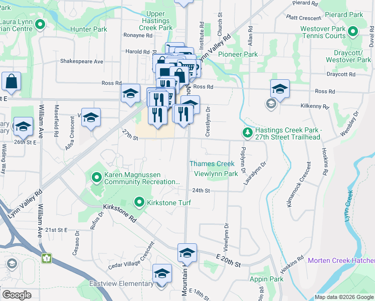 map of restaurants, bars, coffee shops, grocery stores, and more near 2665 Mountain Highway in Metro Vancouver
