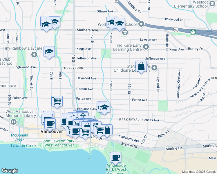 map of restaurants, bars, coffee shops, grocery stores, and more near 1309 Gordon Avenue in West Vancouver