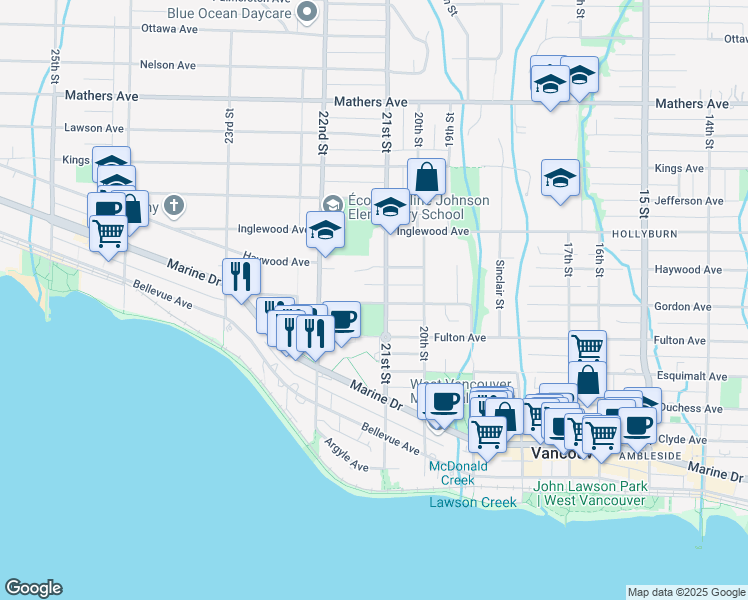 map of restaurants, bars, coffee shops, grocery stores, and more near 2119 Gordon Avenue in West Vancouver