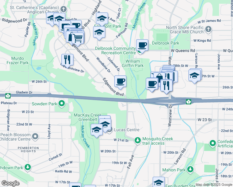 map of restaurants, bars, coffee shops, grocery stores, and more near 2509 Edgemont Blvd in North Vancouver