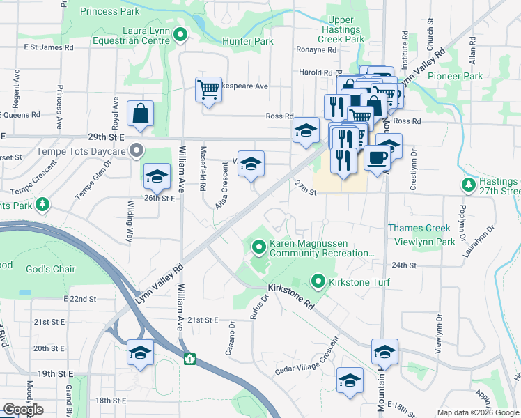 map of restaurants, bars, coffee shops, grocery stores, and more near 1005 Lynn Valley Road in North Vancouver