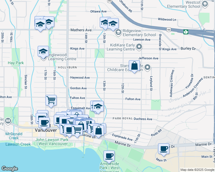 map of restaurants, bars, coffee shops, grocery stores, and more near 1287 Gordon Avenue in West Vancouver