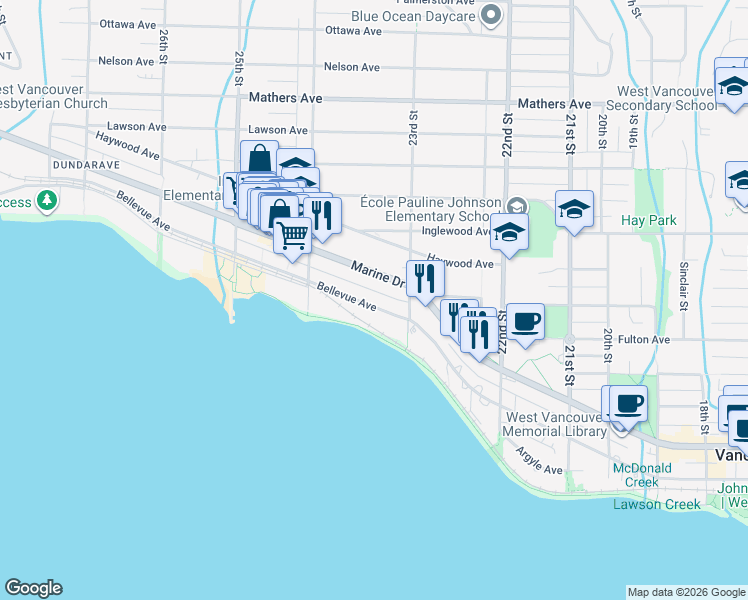 map of restaurants, bars, coffee shops, grocery stores, and more near 2333 Bellevue Avenue in West Vancouver
