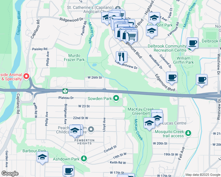 map of restaurants, bars, coffee shops, grocery stores, and more near 1061 Gladwin Drive in North Vancouver
