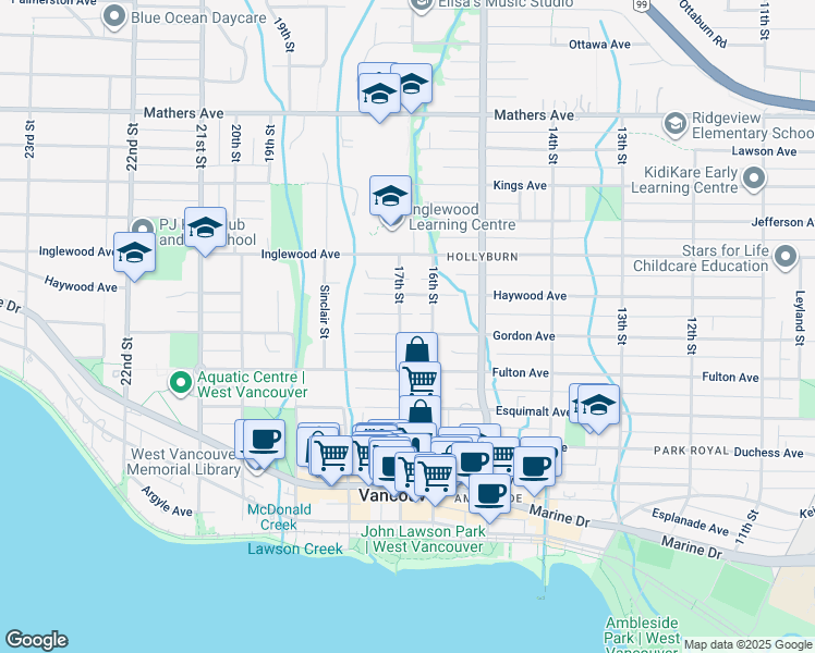 map of restaurants, bars, coffee shops, grocery stores, and more near 914 17th Street in West Vancouver