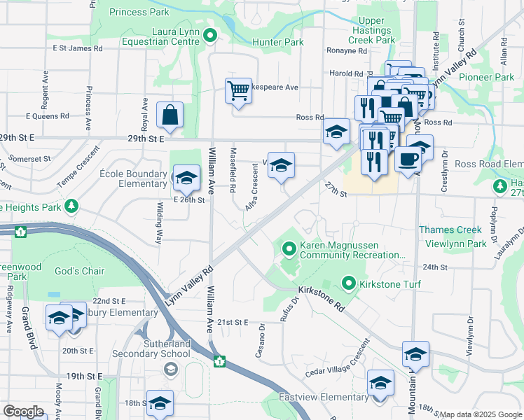 map of restaurants, bars, coffee shops, grocery stores, and more near 980 Lynn Valley Road in North Vancouver