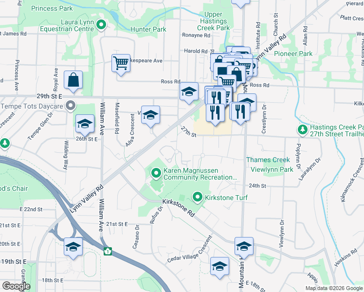 map of restaurants, bars, coffee shops, grocery stores, and more near 2620 Fromme Road in North Vancouver