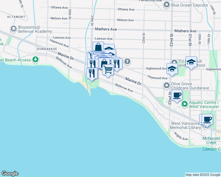 map of restaurants, bars, coffee shops, grocery stores, and more near 2406 Bellevue Avenue in West Vancouver