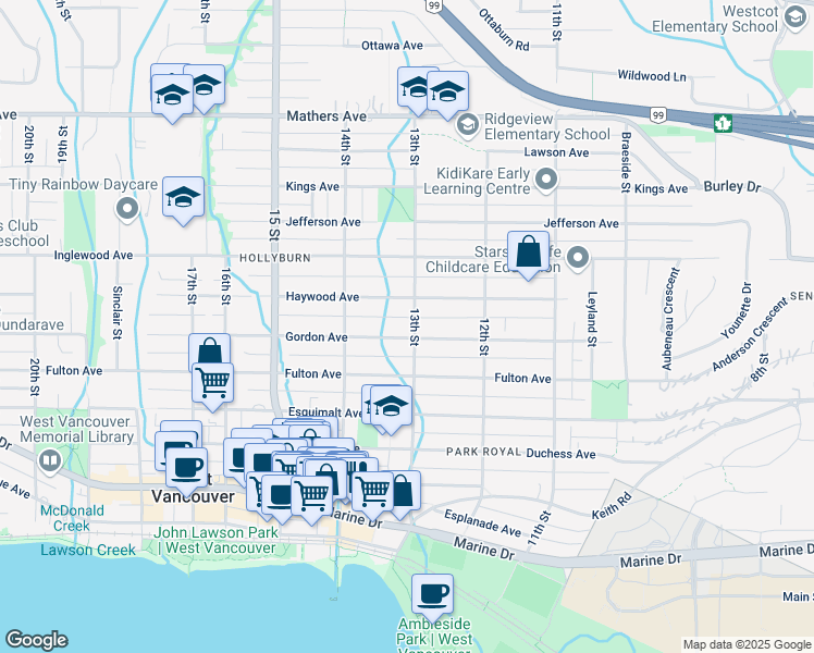 map of restaurants, bars, coffee shops, grocery stores, and more near 1309 Gordon Avenue in West Vancouver