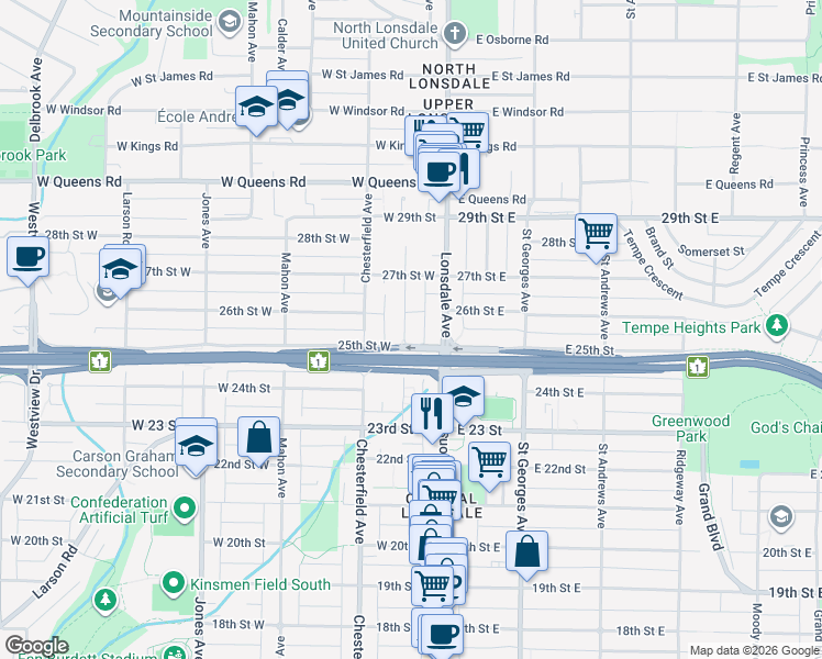 map of restaurants, bars, coffee shops, grocery stores, and more near 2530 Western Avenue in North Vancouver