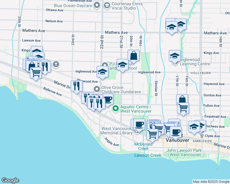 map of restaurants, bars, coffee shops, grocery stores, and more near in Vancouver