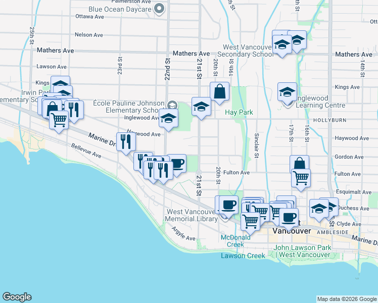 map of restaurants, bars, coffee shops, grocery stores, and more near in Vancouver