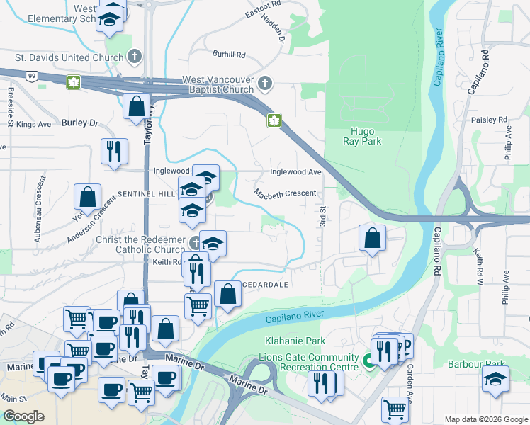 map of restaurants, bars, coffee shops, grocery stores, and more near 430 Macbeth Crescent in West Vancouver