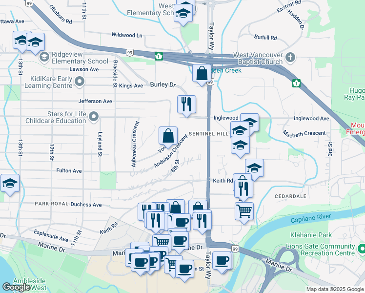 map of restaurants, bars, coffee shops, grocery stores, and more near 792 Anderson Crescent in West Vancouver