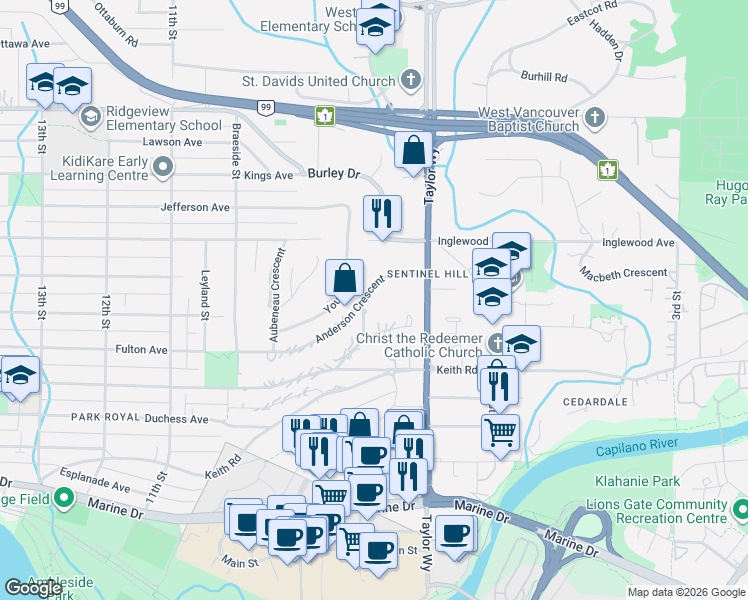 map of restaurants, bars, coffee shops, grocery stores, and more near 792 Anderson Crescent in West Vancouver