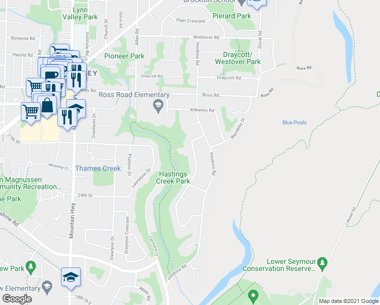 map of restaurants, bars, coffee shops, grocery stores, and more near 2683 Kilmarnock Crescent in North Vancouver