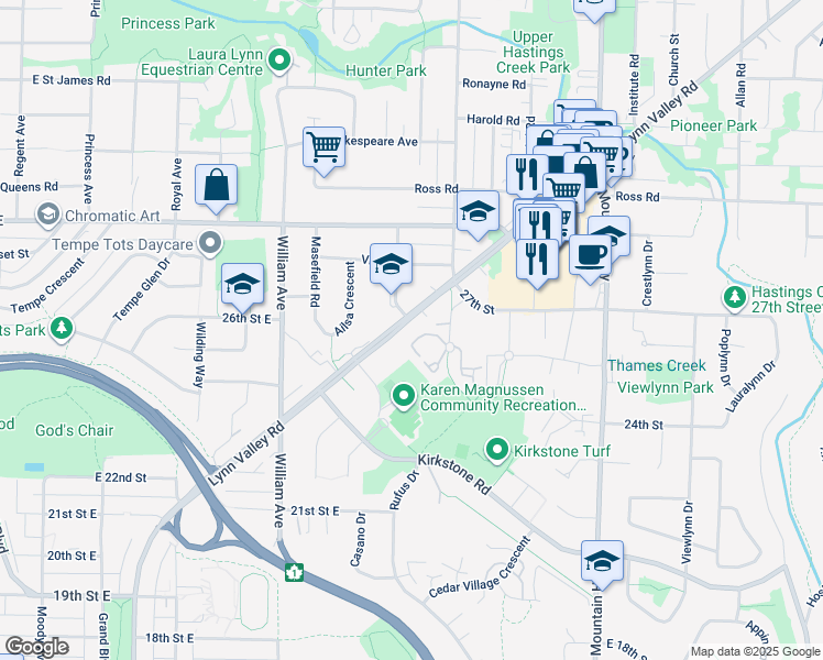 map of restaurants, bars, coffee shops, grocery stores, and more near 1015 Lynn Valley Road in North Vancouver