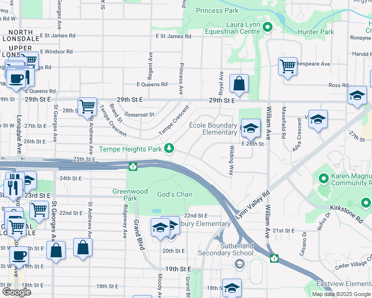map of restaurants, bars, coffee shops, grocery stores, and more near 2630 Tempe Knoll Drive in North Vancouver