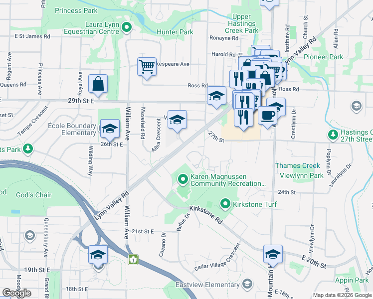 map of restaurants, bars, coffee shops, grocery stores, and more near 1015 Lynn Valley Road in North Vancouver