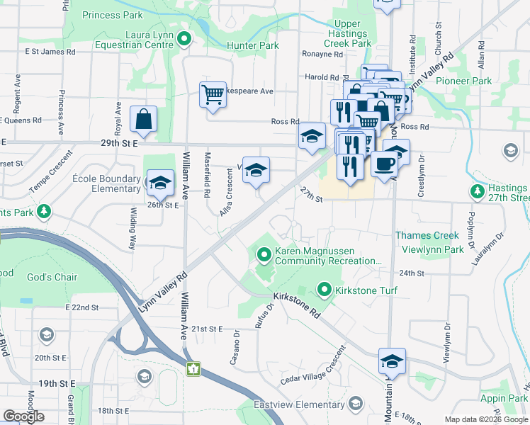 map of restaurants, bars, coffee shops, grocery stores, and more near 1005 Lynn Valley Road in North Vancouver