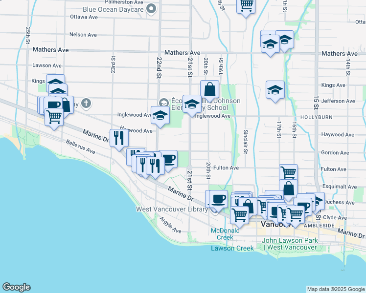 map of restaurants, bars, coffee shops, grocery stores, and more near 2119 Gordon Avenue in West Vancouver