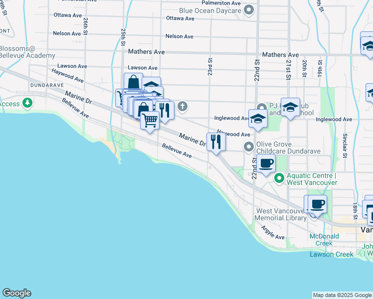 map of restaurants, bars, coffee shops, grocery stores, and more near 2343 Bellevue Avenue in West Vancouver