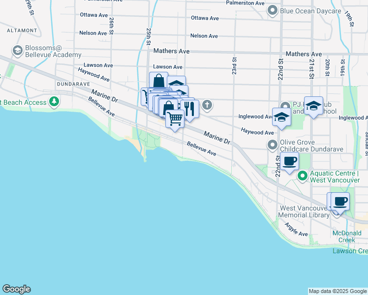 map of restaurants, bars, coffee shops, grocery stores, and more near 2376 Dundarave Lane in West Vancouver