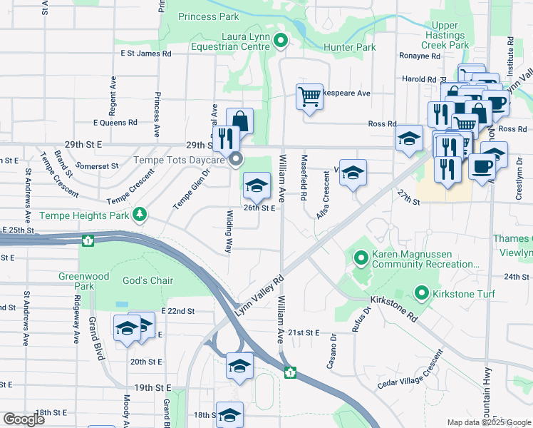map of restaurants, bars, coffee shops, grocery stores, and more near 1133 East 26th Street in North Vancouver