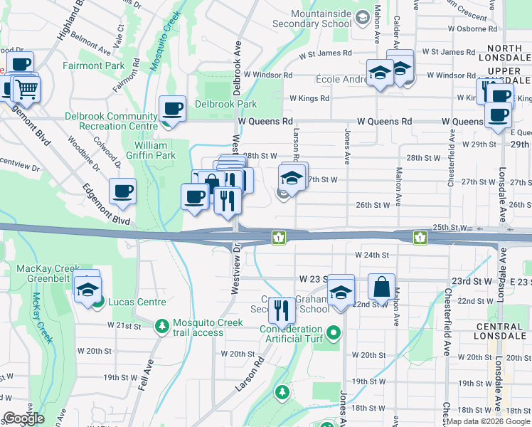 map of restaurants, bars, coffee shops, grocery stores, and more near 555 West 28th Avenue in Vancouver
