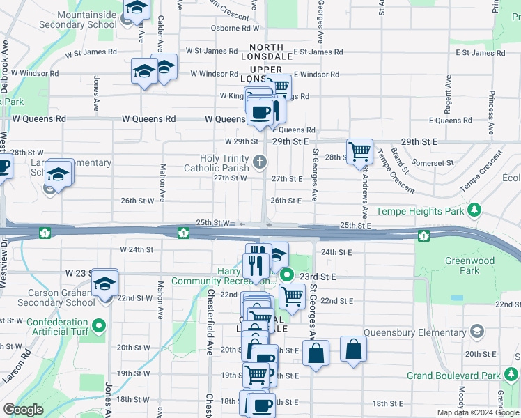 map of restaurants, bars, coffee shops, grocery stores, and more near 2545 Lonsdale Avenue in North Vancouver